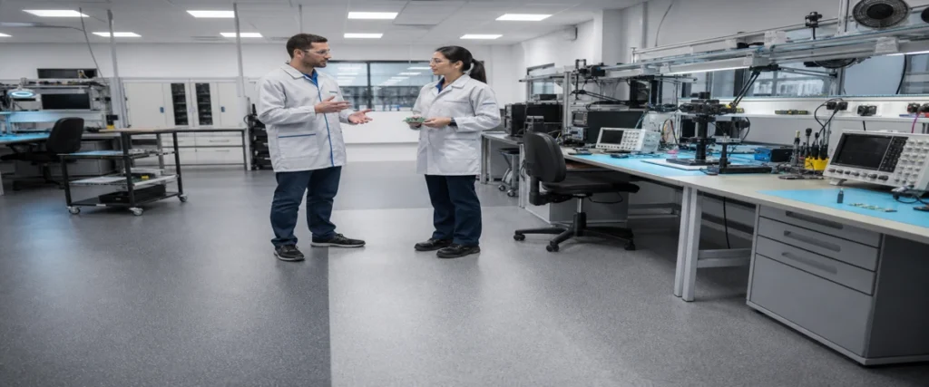 Teknisi berdiri di ruang elektronik modern membandingkan dua zona lantai ESD pada area server dan testing