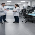 Teknisi berdiri di ruang elektronik modern membandingkan dua zona lantai ESD pada area server dan testing