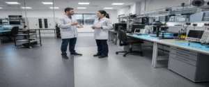Teknisi berdiri di ruang elektronik modern membandingkan dua zona lantai ESD pada area server dan testing