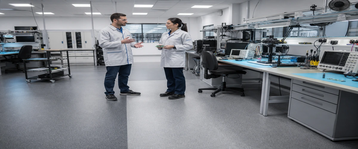 Teknisi berdiri di ruang elektronik modern membandingkan dua zona lantai ESD pada area server dan testing