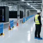 Tim proyek membagi zona kerja aplikasi epoxy di data center aktif dengan pembatas dan koordinasi lapangan yang rapi