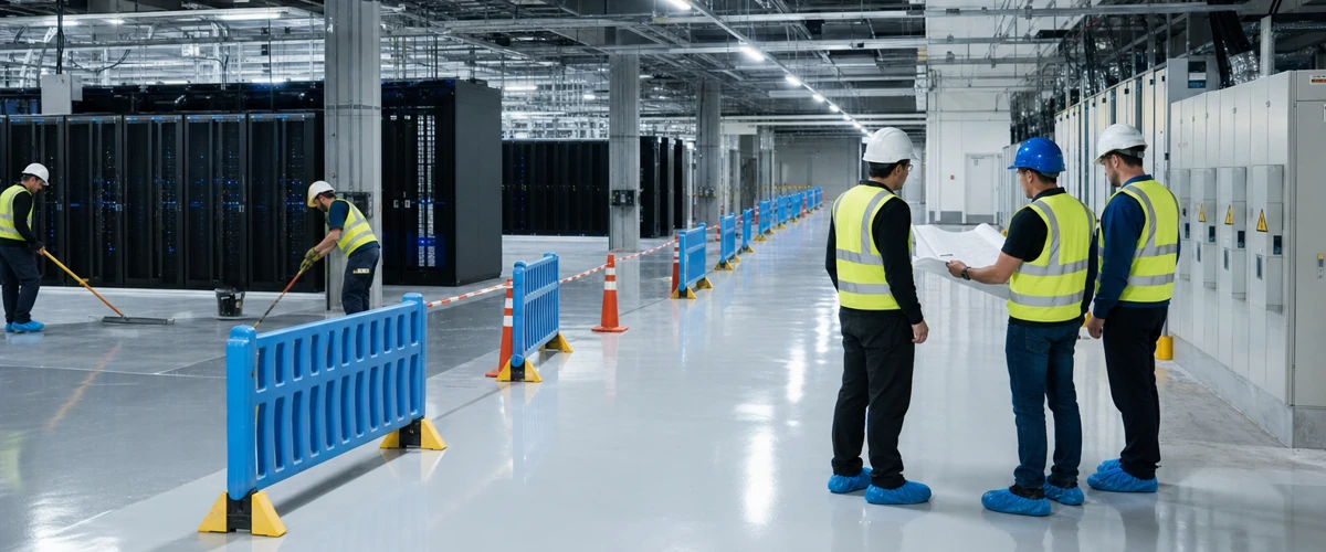 Tim proyek membagi zona kerja aplikasi epoxy di data center aktif dengan pembatas dan koordinasi lapangan yang rapi