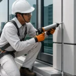 Teknisi memeriksa sealant pada sambungan fasad bangunan komersial outdoor