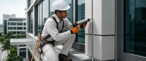 Teknisi memeriksa sealant pada sambungan fasad bangunan komersial outdoor