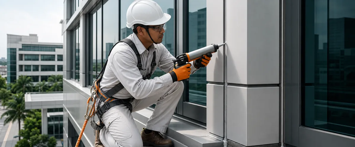 Teknisi memeriksa sealant pada sambungan fasad bangunan komersial outdoor