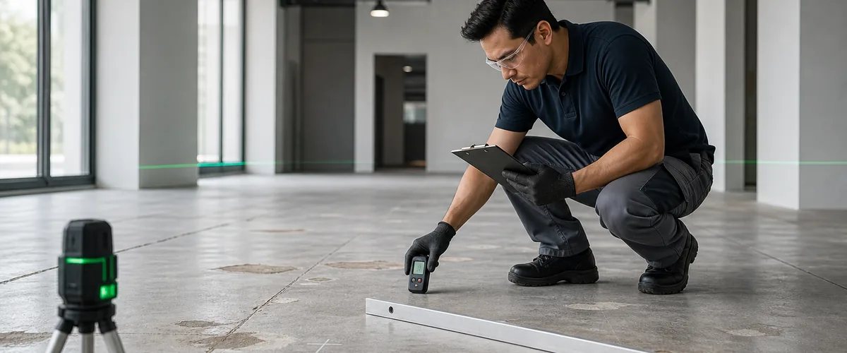 Pemeriksaan kesiapan lantai beton sebelum pemasangan vinyl tile atau epoxy