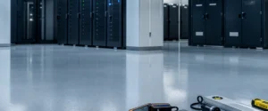 Ruang server dan area UPS dengan lantai teknis rapi yang sedang dipersiapkan untuk survey epoxy antistatic