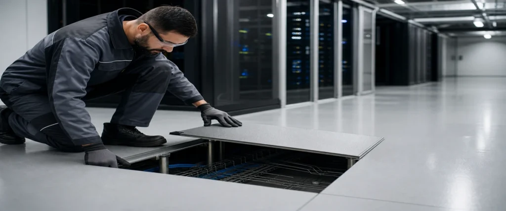 Lorong data center modern dengan teknisi memeriksa lantai ESD berwarna netral yang rapi dan bersih