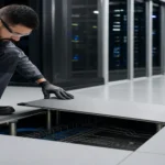 Lorong data center modern dengan teknisi memeriksa lantai ESD berwarna netral yang rapi dan bersih