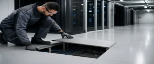 Lorong data center modern dengan teknisi memeriksa lantai ESD berwarna netral yang rapi dan bersih