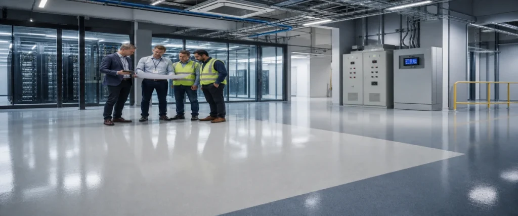 Aplikasi epoxy antistatic di area data center dengan teknisi memeriksa lantai dan jalur grounding