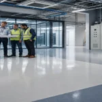 Aplikasi epoxy antistatic di area data center dengan teknisi memeriksa lantai dan jalur grounding