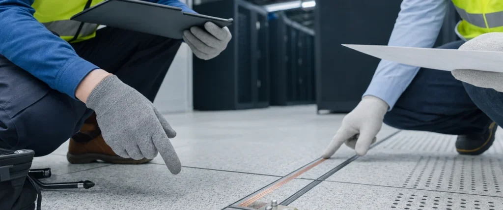 Tim teknis meninjau detail grounding pada lantai antistatic di area data center sebelum aplikasi sistem dilakukan