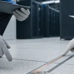 Tim teknis meninjau detail grounding pada lantai antistatic di area data center sebelum aplikasi sistem dilakukan