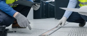 Tim teknis meninjau detail grounding pada lantai antistatic di area data center sebelum aplikasi sistem dilakukan