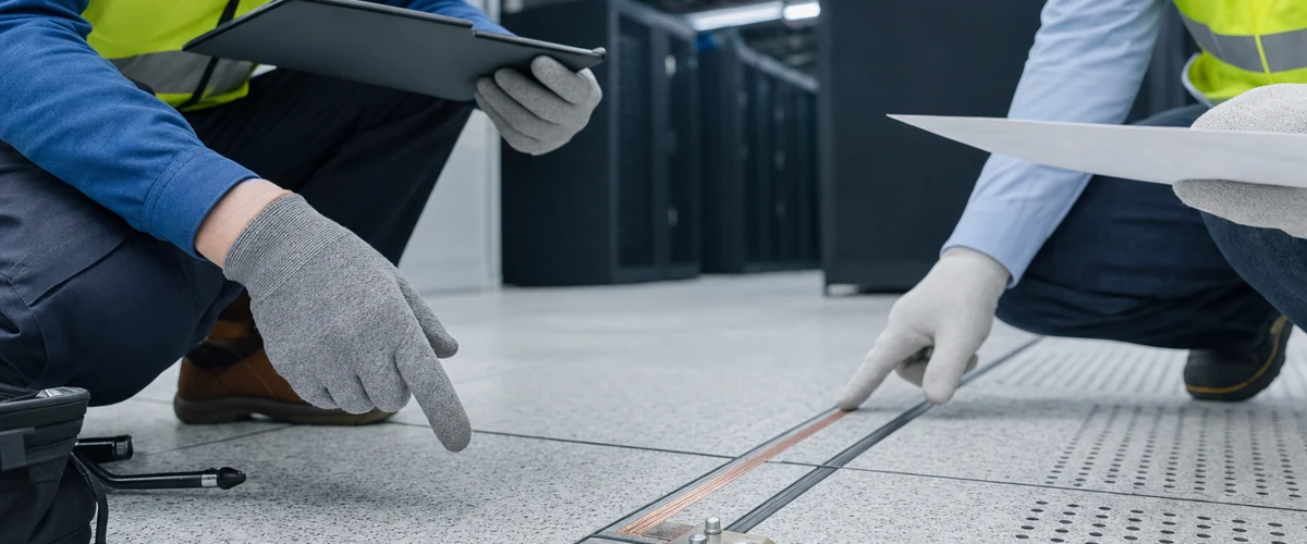 Tim teknis meninjau detail grounding pada lantai antistatic di area data center sebelum aplikasi sistem dilakukan