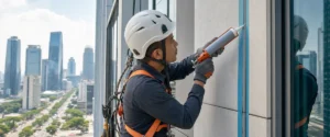 Pekerjaan sealant fasad pada sambungan bangunan komersial di Jakarta