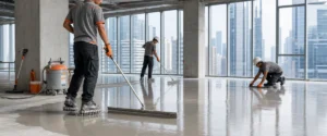Ilustrasi pekerjaan self leveling lantai di area komersial Jakarta