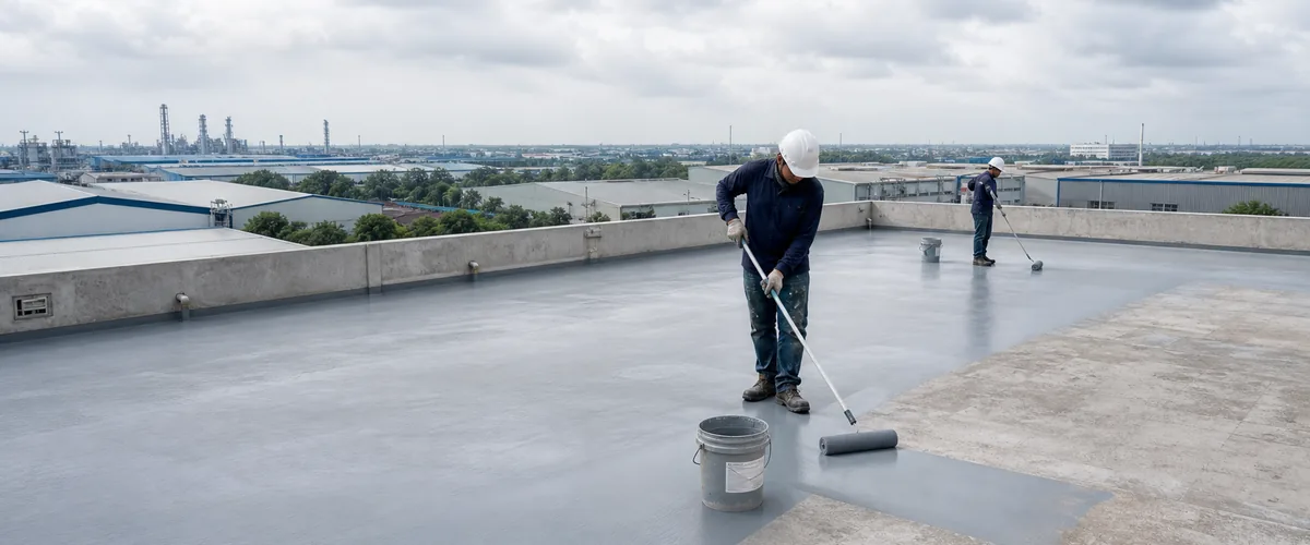 Aplikasi waterproofing coating pada area atap dan dak beton di Karawang