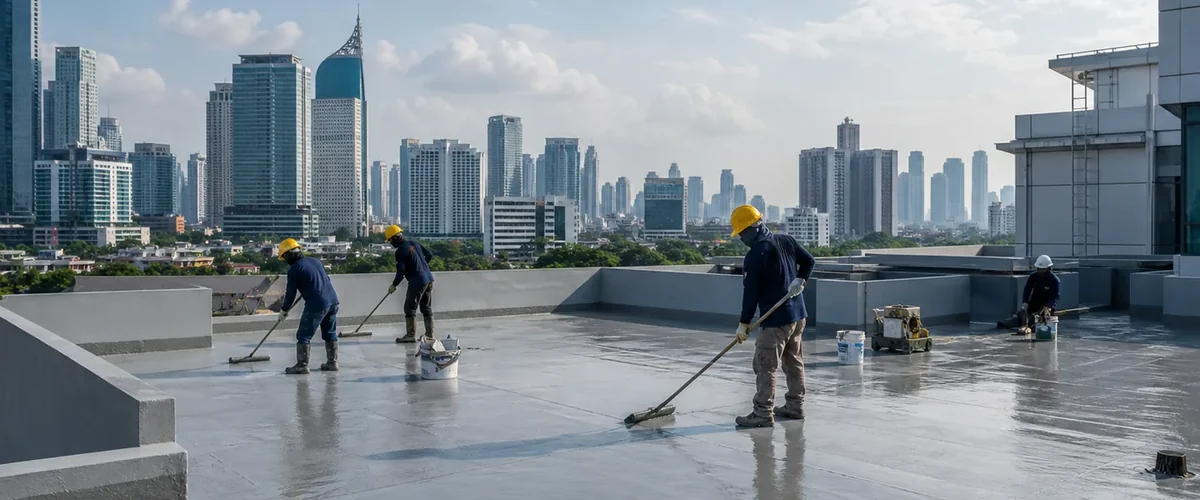Pekerjaan waterproofing pada dak beton gedung komersial di Jakarta