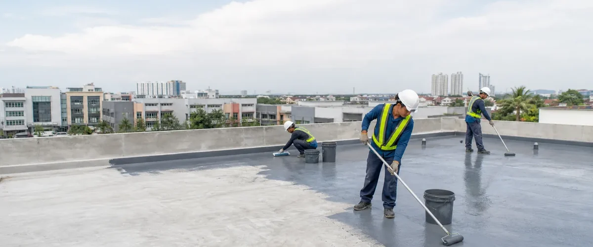Aplikasi waterproofing rooftop pada dak beton area terbuka di Tangerang