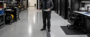 Area support IT modern dengan teknisi membandingkan kebutuhan epoxy biasa dan sistem antistatic di dekat rak server