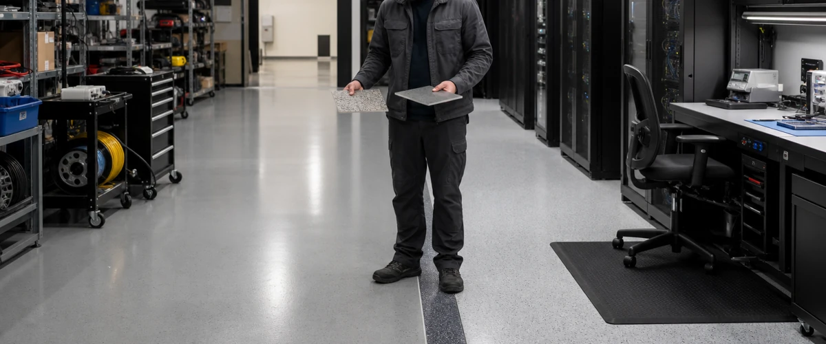 Area support IT modern dengan teknisi membandingkan kebutuhan epoxy biasa dan sistem antistatic di dekat rak server