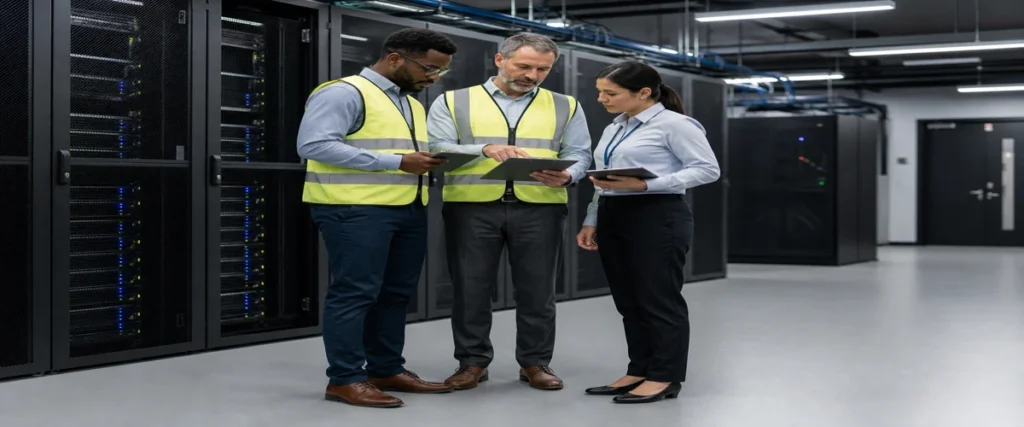 Tim survey meninjau lantai ruang server sambil memeriksa area kerja, akses teknisi, dan kebutuhan epoxy ESD sebelum proyek dimulai