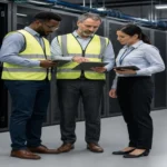 Tim survey meninjau lantai ruang server sambil memeriksa area kerja, akses teknisi, dan kebutuhan epoxy ESD sebelum proyek dimulai