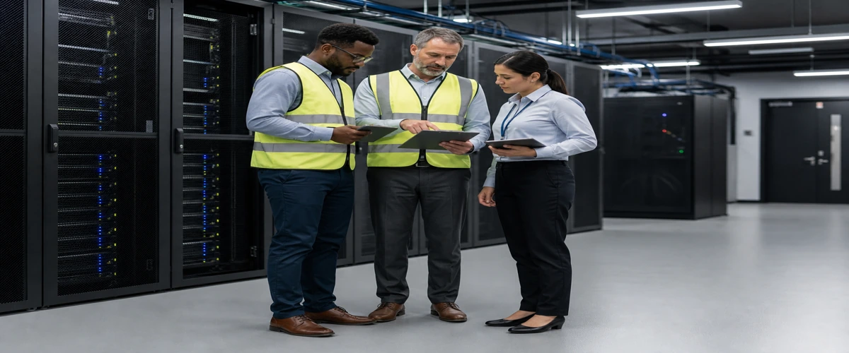 Tim survey meninjau lantai ruang server sambil memeriksa area kerja, akses teknisi, dan kebutuhan epoxy ESD sebelum proyek dimulai