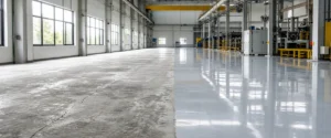 Lantai industri berdebu dan aus yang sedang dievaluasi untuk sistem floor coating