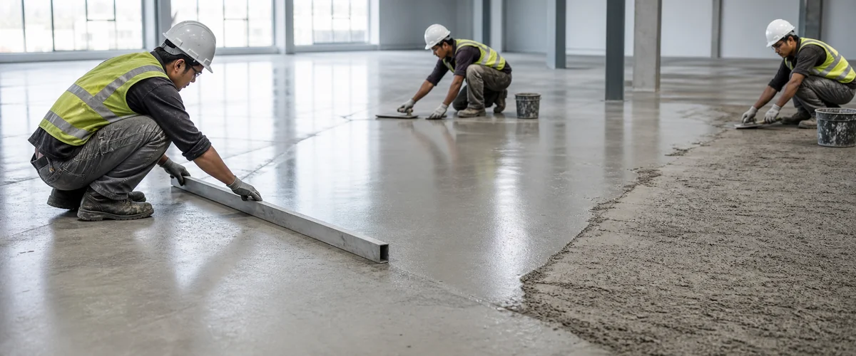 Persiapan lantai industri dengan pengecekan kerataan sebelum leveling dan screed