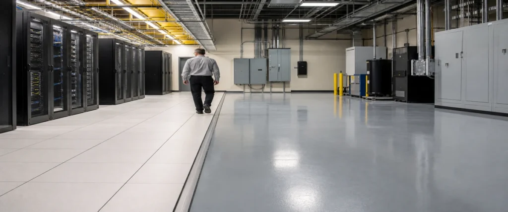 Area data center modern dengan kombinasi raised floor dan lantai teknis exposed yang sedang diperiksa teknisi