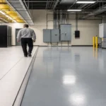 Area data center modern dengan kombinasi raised floor dan lantai teknis exposed yang sedang diperiksa teknisi