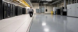 Area data center modern dengan kombinasi raised floor dan lantai teknis exposed yang sedang diperiksa teknisi