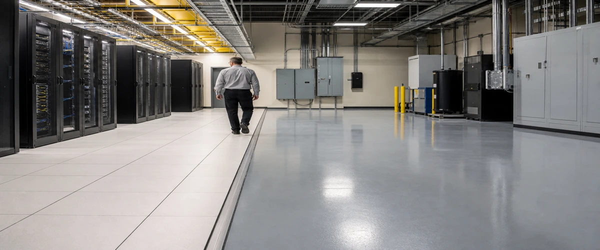 Area data center modern dengan kombinasi raised floor dan lantai teknis exposed yang sedang diperiksa teknisi