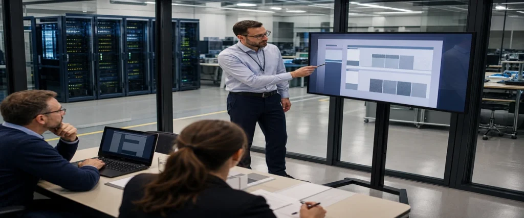 Ruang meeting proyek teknis dengan layar menampilkan shortlist sistem lantai antistatic untuk data center dan area elektronik