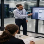 Ruang meeting proyek teknis dengan layar menampilkan shortlist sistem lantai antistatic untuk data center dan area elektronik