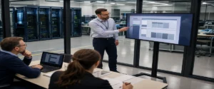Ruang meeting proyek teknis dengan layar menampilkan shortlist sistem lantai antistatic untuk data center dan area elektronik
