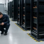 Ruang UPS data center dengan teknisi memeriksa kondisi lantai antistatic dan jalur kerja di area peralatan kritis