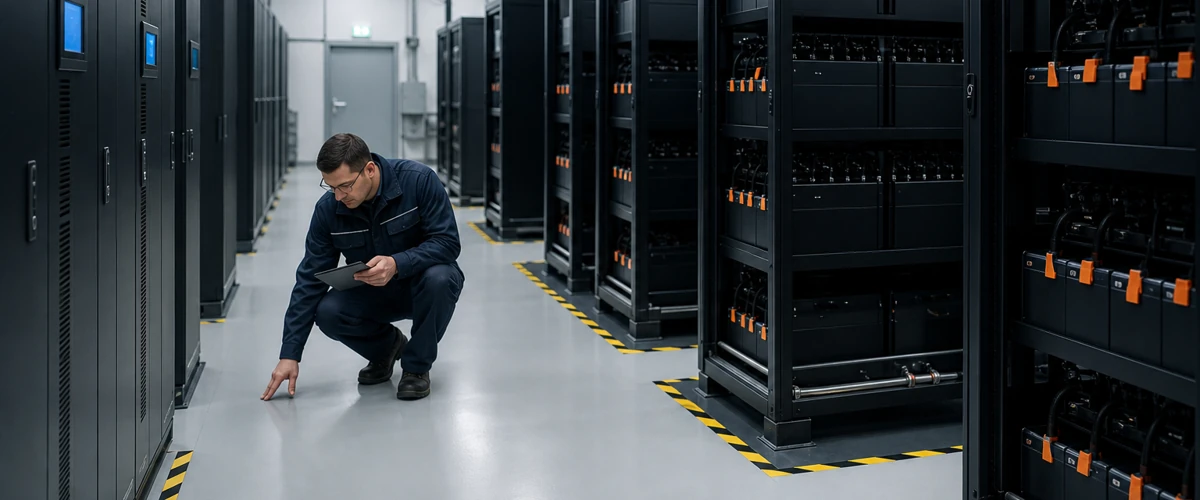 Ruang UPS data center dengan teknisi memeriksa kondisi lantai antistatic dan jalur kerja di area peralatan kritis