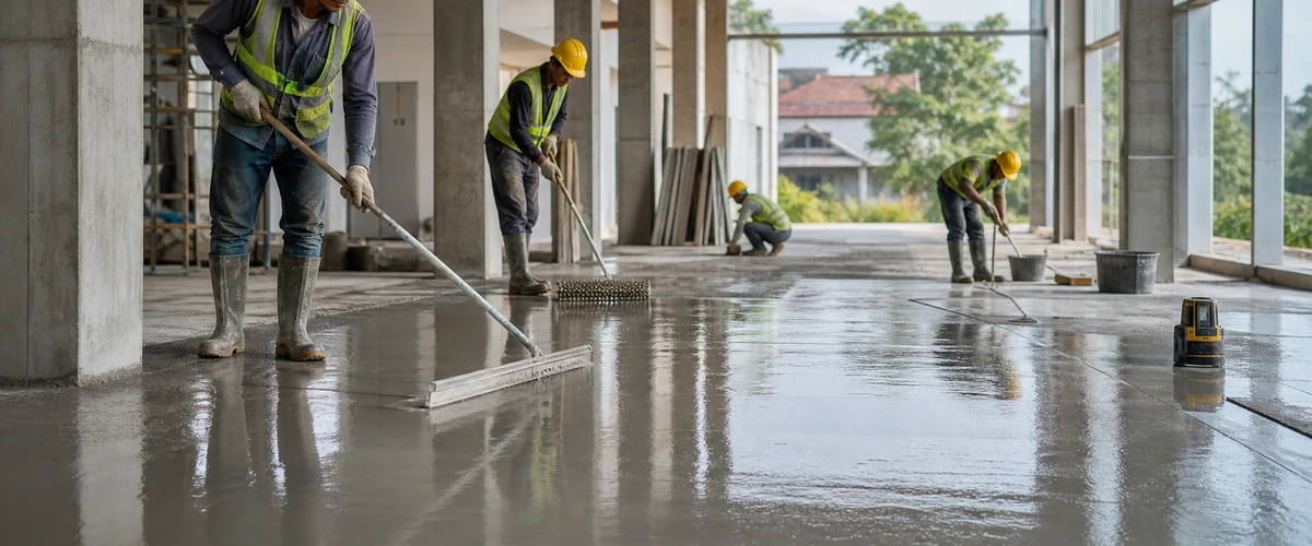 Aplikasi material floor leveling untuk meratakan lantai komersial