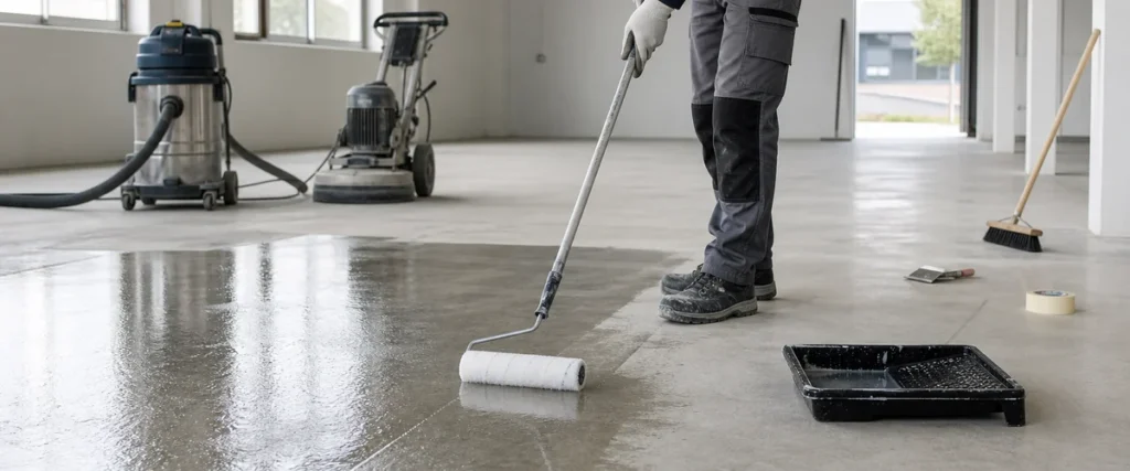 Aplikasi primer lantai beton untuk persiapan sistem epoxy industri