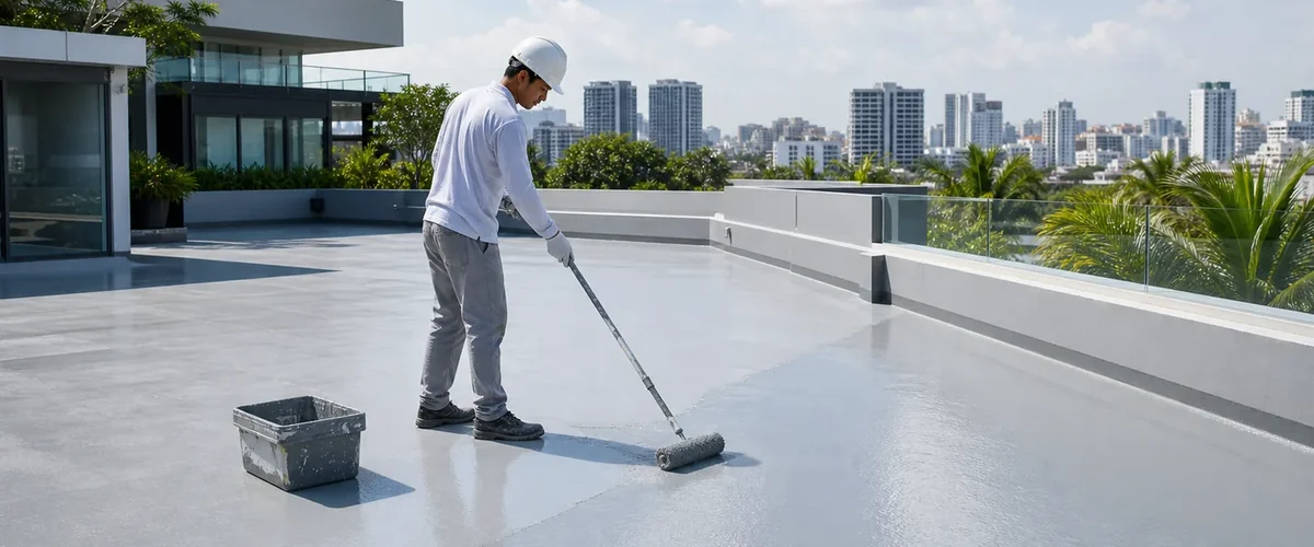 Material waterproofing rooftop dengan aplikasi coating elastis pada deck terbuka