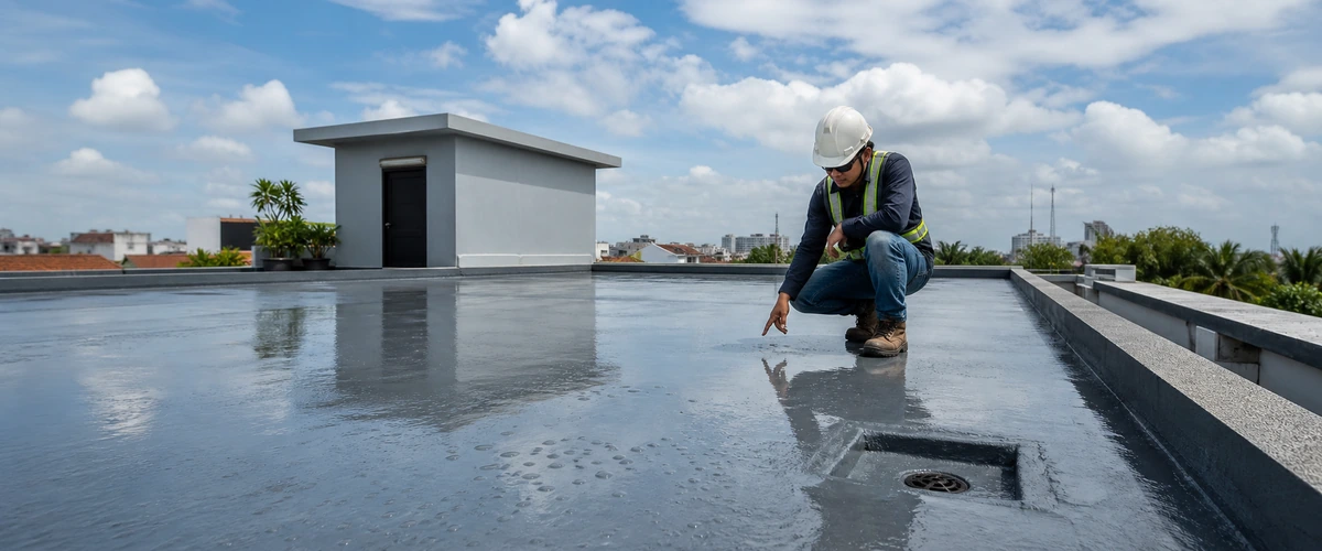 Inspeksi umur waterproofing dak beton pada area rooftop ekspos