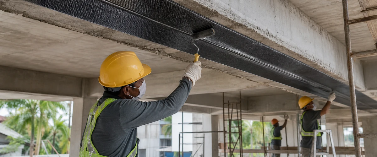 Carbon fiber laminate dipasang pada balok beton existing untuk penguatan struktur