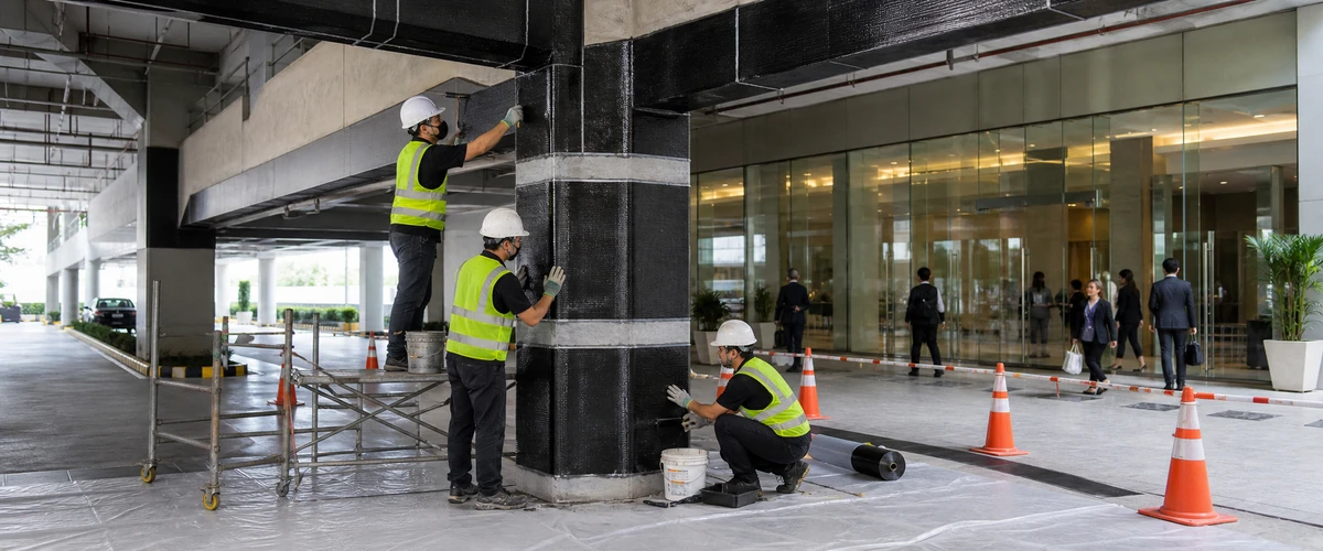 Pekerjaan carbon fiber laminate pada gedung komersial existing dengan gangguan operasional minimal