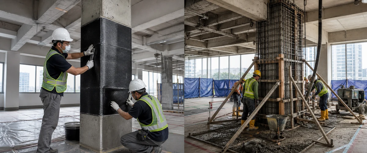 Perbandingan carbon fiber laminate dan jacketing beton pada bangunan aktif