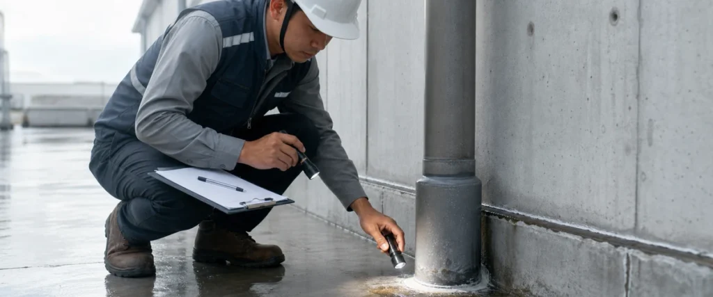 Inspeksi detail penetrasi pipa dan construction joint beton sebelum perbaikan bocor