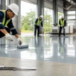 Lantai pabrik dengan zona kerja berbeda untuk pembacaan ketebalan epoxy